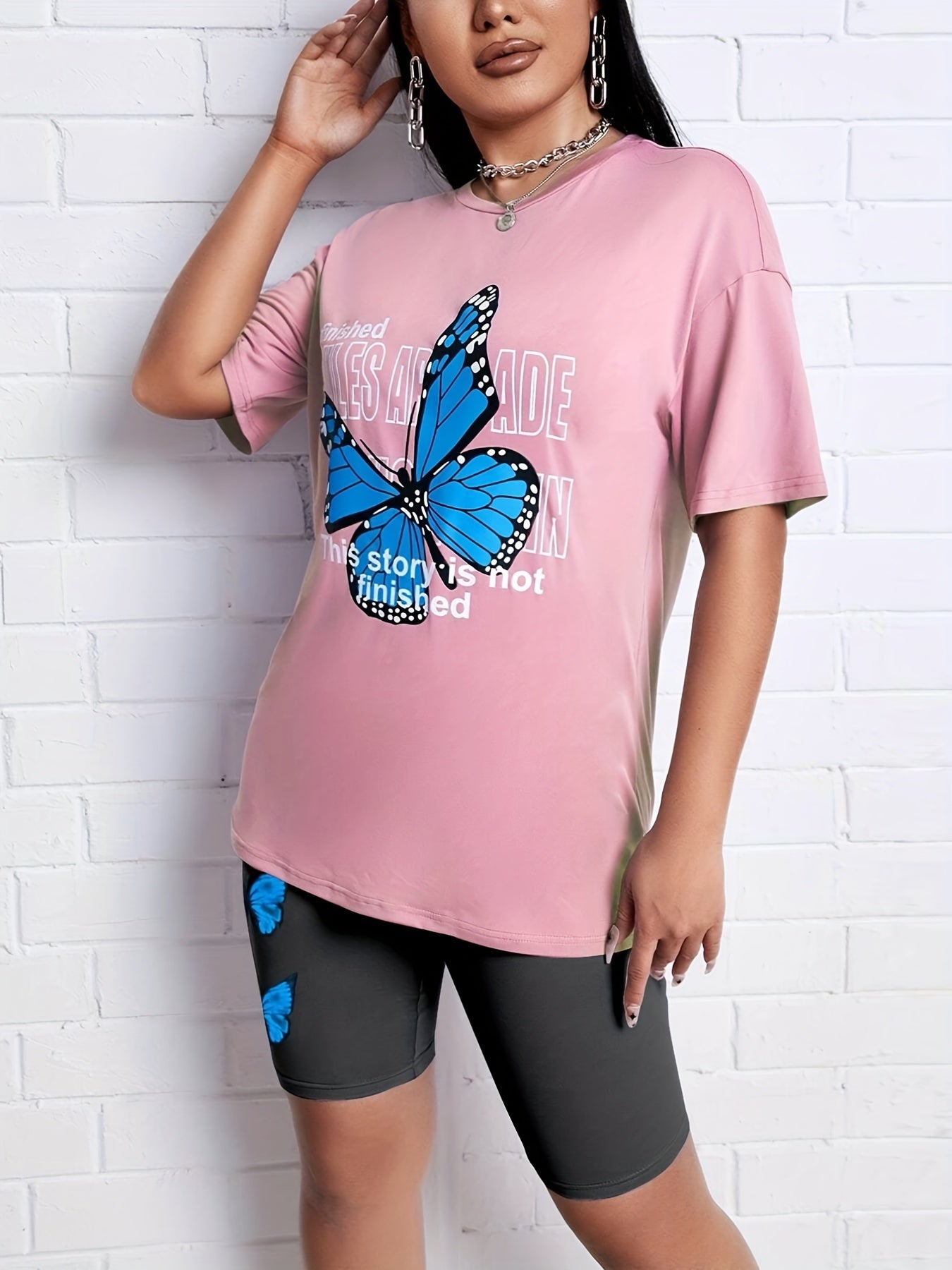 Butterfly Print Lounge Set Short Sleeve Top & Shorts Women's Loungewear