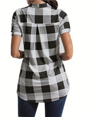  Gingham Print Short Sleeve Blouse Notched Neck Top