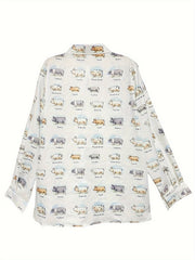  Pig & Letter Print Long Sleeve Blouse