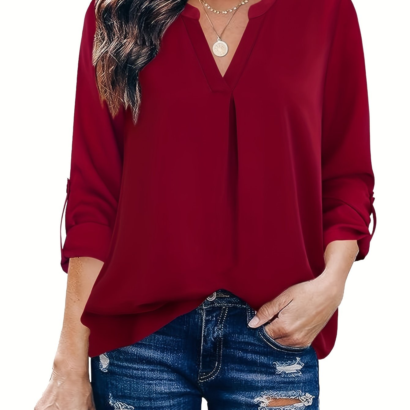  Casual Blouse Women's Solid Roll Up Long Sleeve V Neck Top