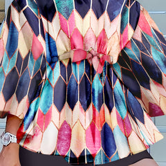  Colorblock Geometric Printed Off Shoulder Tee & Shorts Set