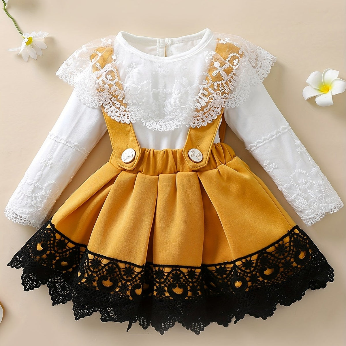 Stylish Lace Neck Baby Romper & Suspender Skirt Set
