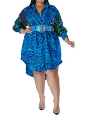  Colorblock Leopard Print Sequin Button Up Long Sleeve Shirt Dress