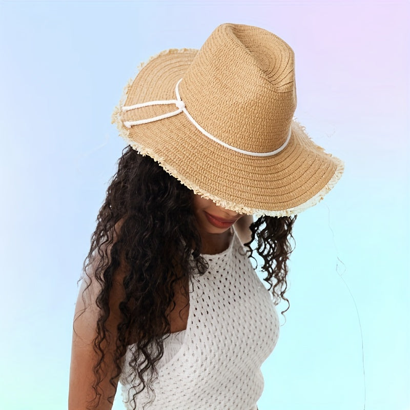 Khaki Raw Brim Sun Hat British Style Classic Straw Hat Rope Bowknot Jazz Fedora