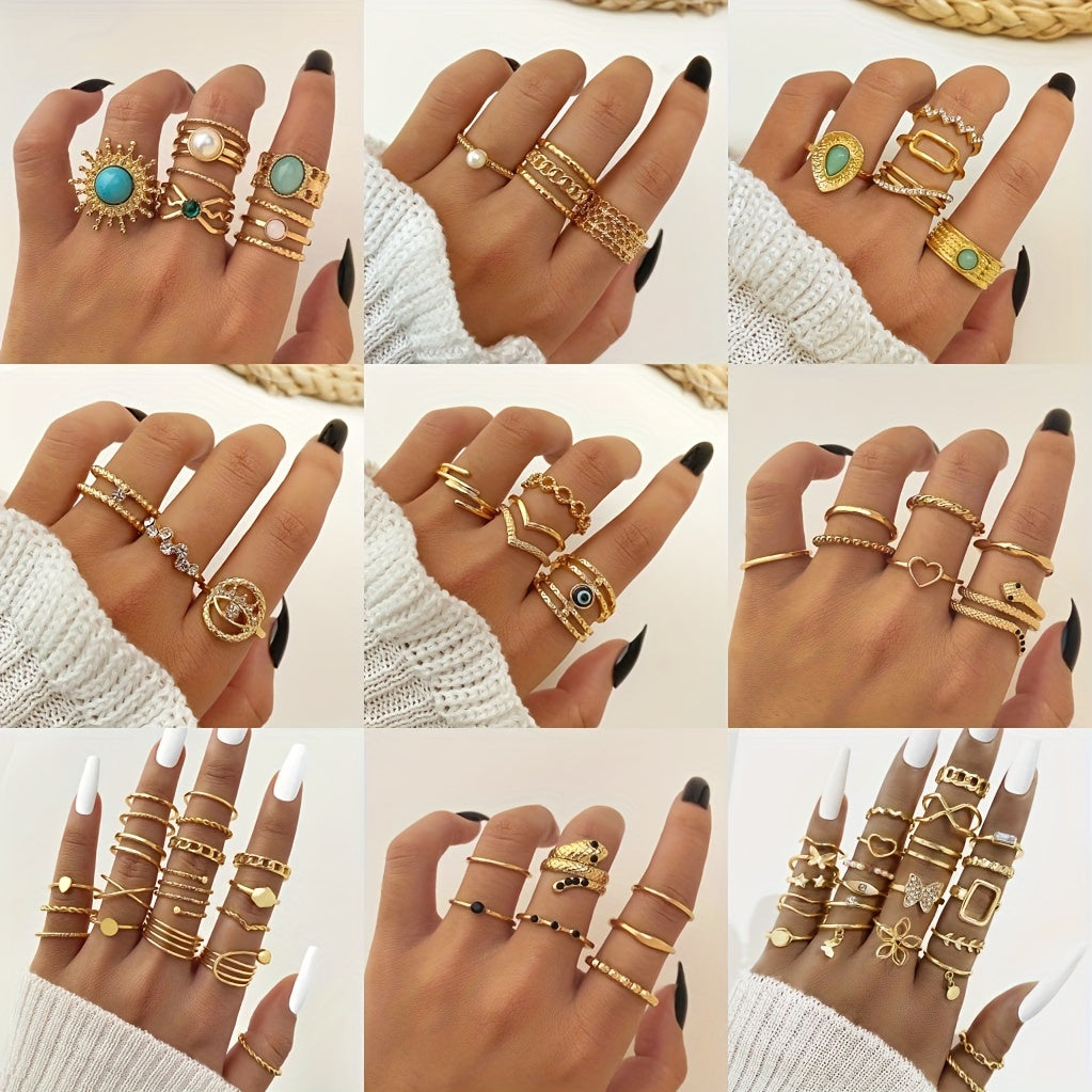 Vintage Golden Ring Set Inlaid Rhinestone Devil Eye Sun Snake Pattern