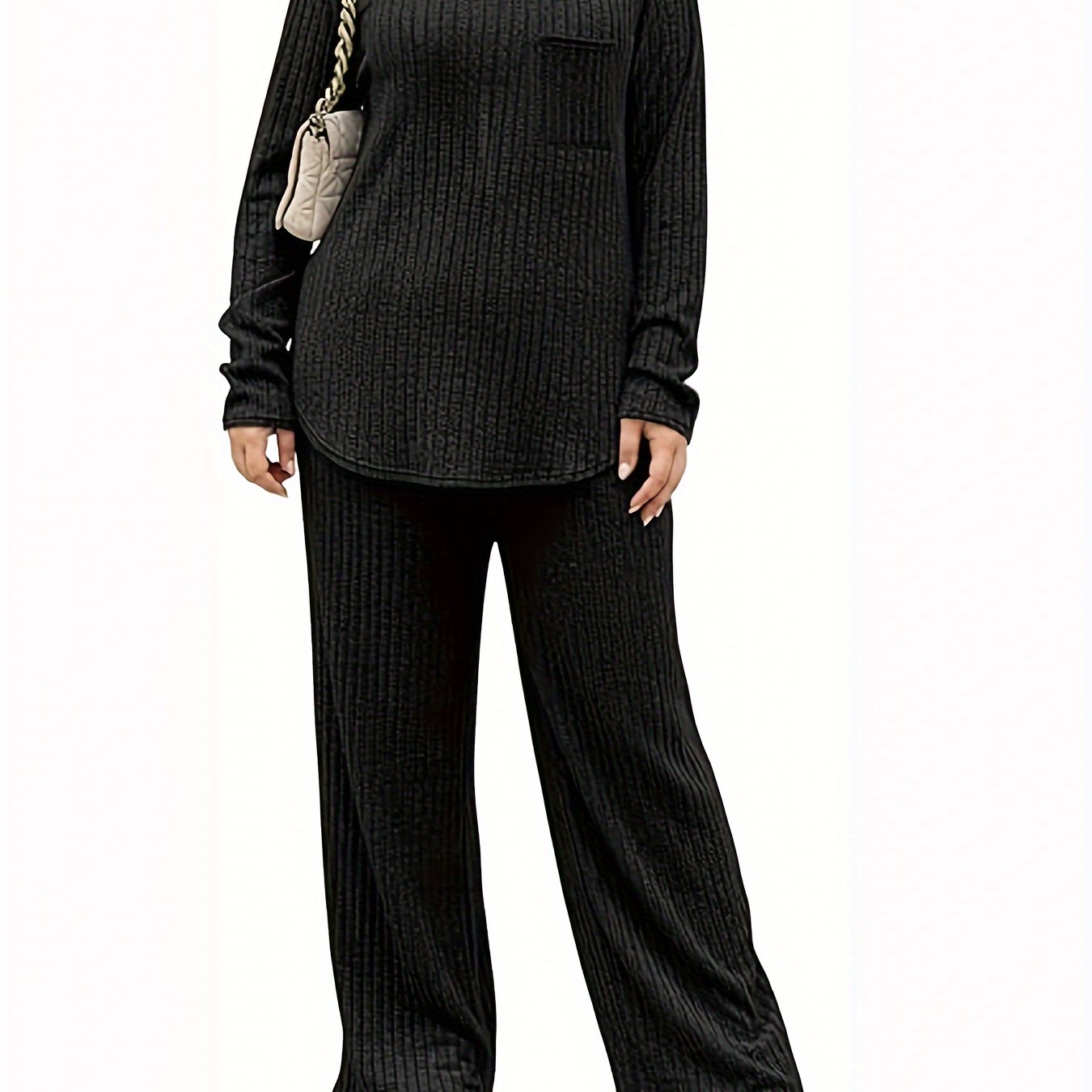  Ribbed Knit Top & Pants Outfit Set Long Sleeve Round Neck Pocket