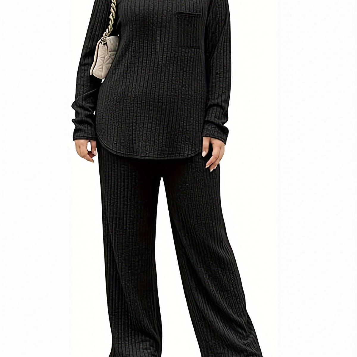  Ribbed Knit Top & Pants Outfit Set Long Sleeve Round Neck Pocket