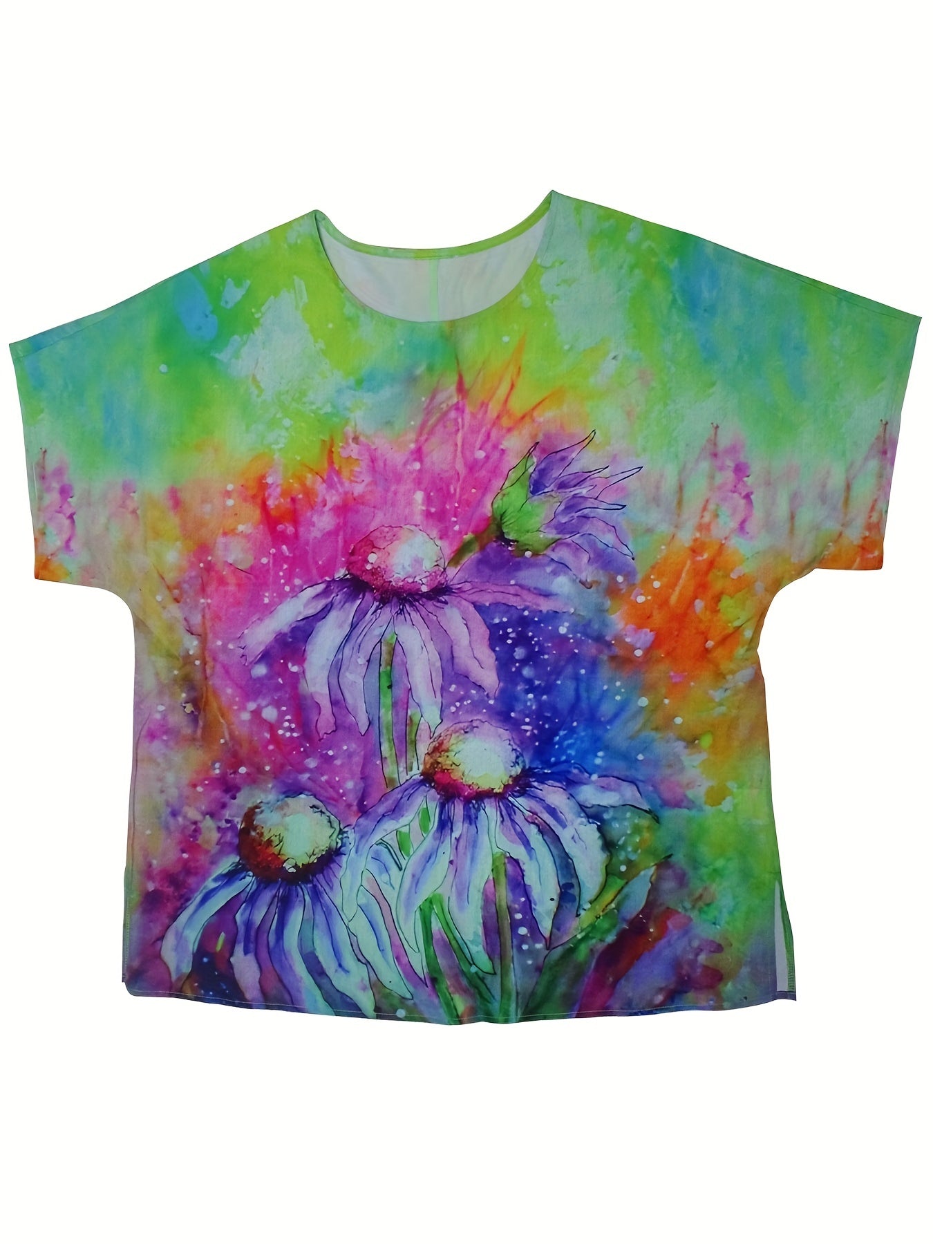  Tie Dye Floral Print Short Sleeve Top