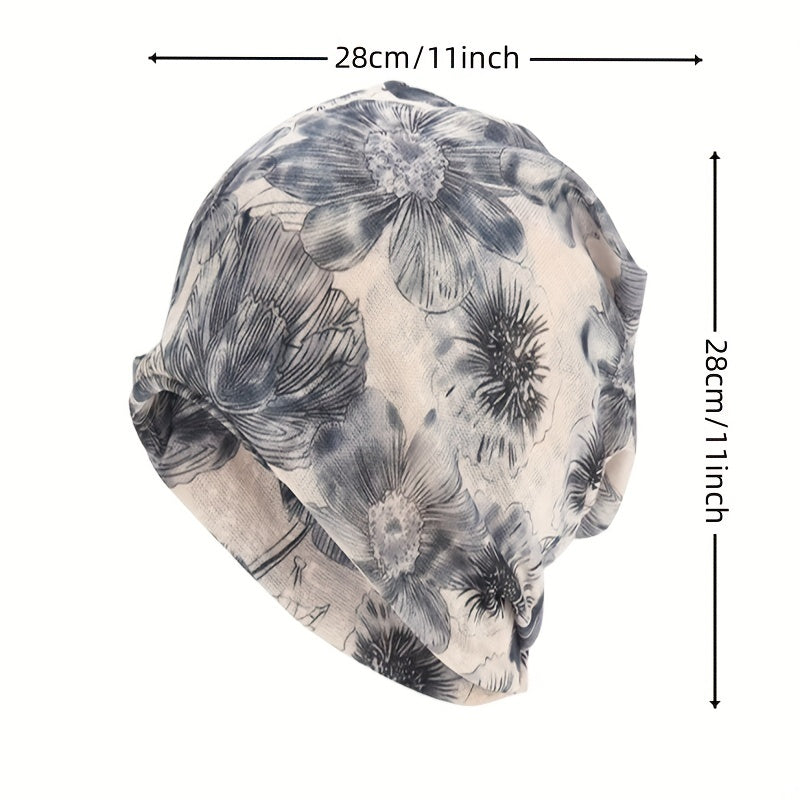 Vintage Flower Print Beanie Lightweight Skull Hat Elastic Headband