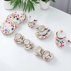 Miniature Tea Set for Dollhouse Decor, Tiny Cups & Teapot, Garden Scenes
