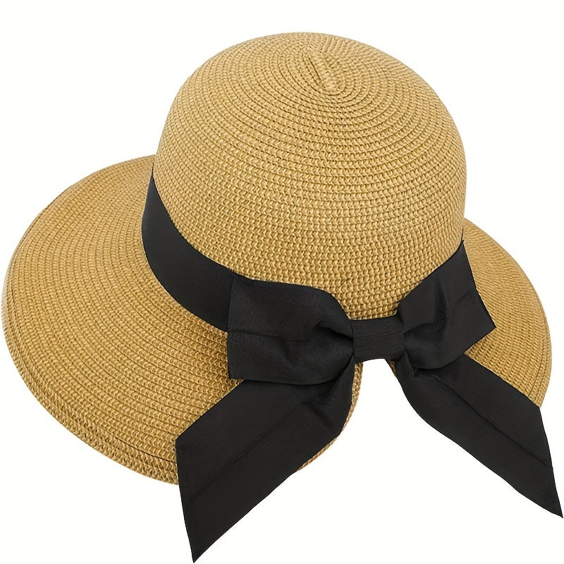Bowknot Ponytail Sun Hat Vintage Wide Brim Straw Hats Classic Foldable