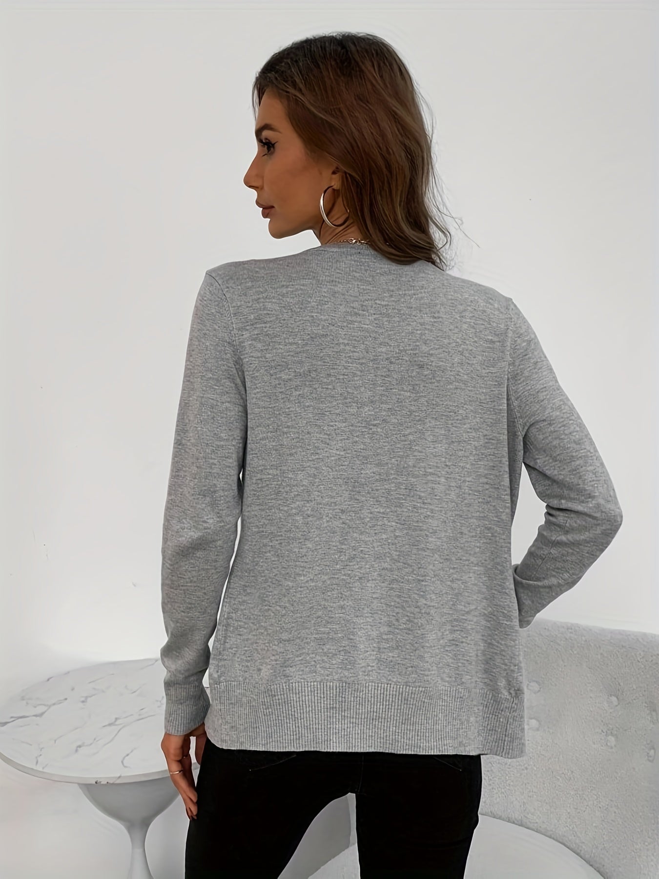 Solid Color Knitted Cardigan Casual Crew Neck Long Sleeve