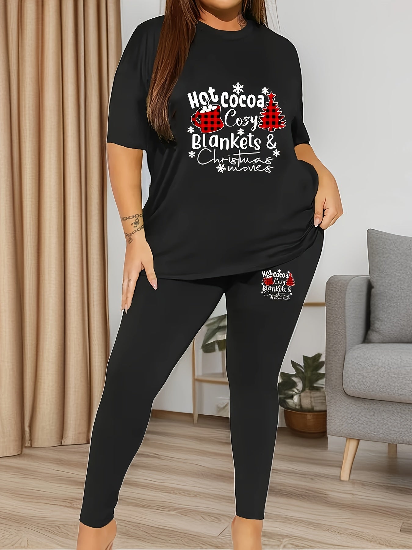  Christmas Casual Outfits Set Women's Plus Christmas Tree & Letter Grap