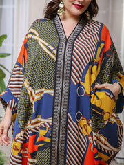  Geometric Print Bat Sleeve V Neck Maxi Dress