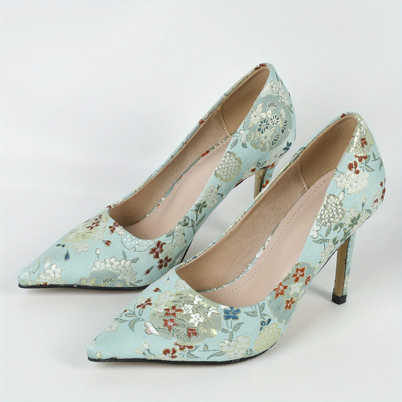 Floral Print Pumps Pointed Toe Slip On High Heels Dress Shoes