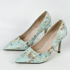 Floral Print Pumps Pointed Toe Slip On High Heels Dress Shoes