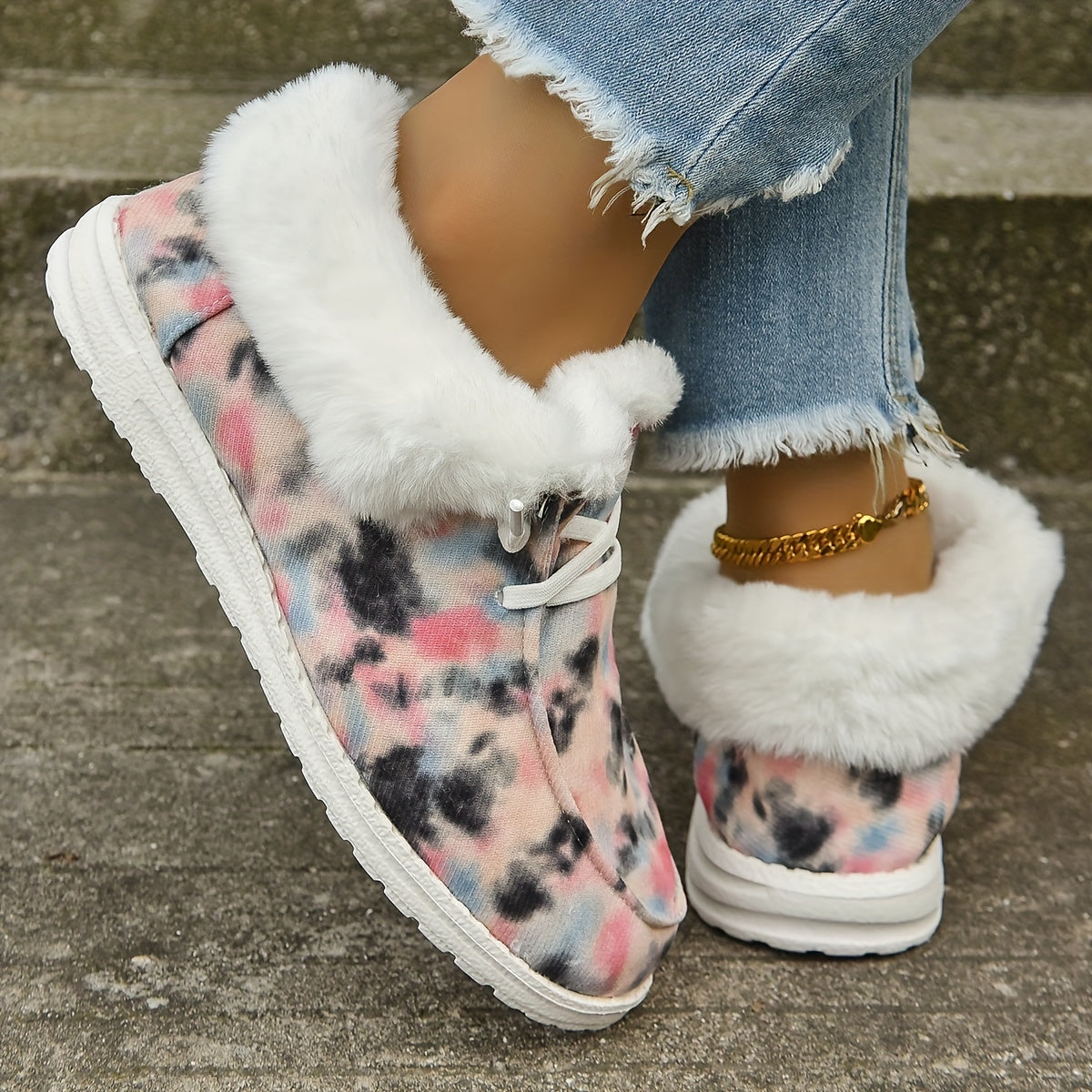 Women's Lace Up Fuzzy Loafers Warm Comfortable Snow Shoes