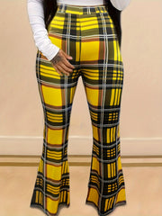  Plaid Print Flared Leg High Rise Pants