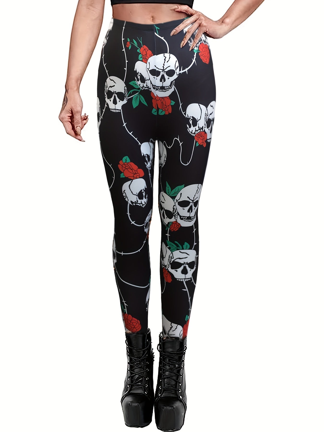  Rose Skull Print Sports Leggings Medium Stretch Fitness Leggings