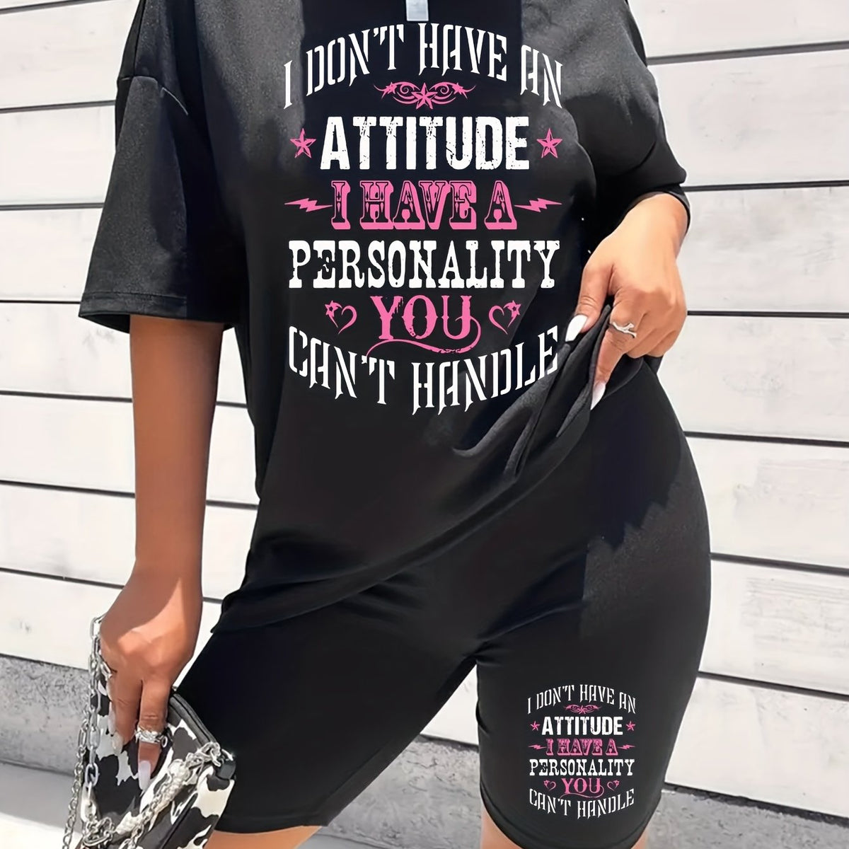 Letter Print Matching Two piece Set Casual Short Sleeve T shirt & Yoga Shorts