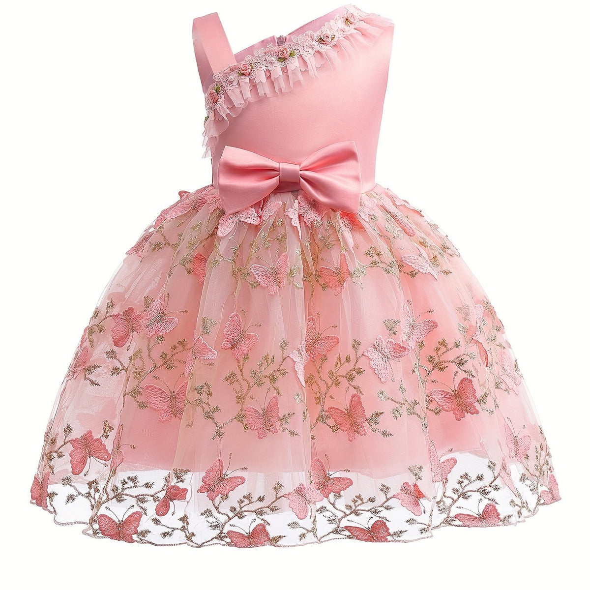 Floral Butterfly Embroidered Dress with Tulle Skirt