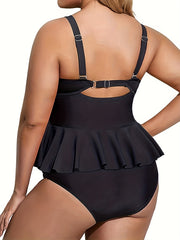  Tankini Set Cross Front Ruffle Trim Top & Ruched Panty Swimsuit