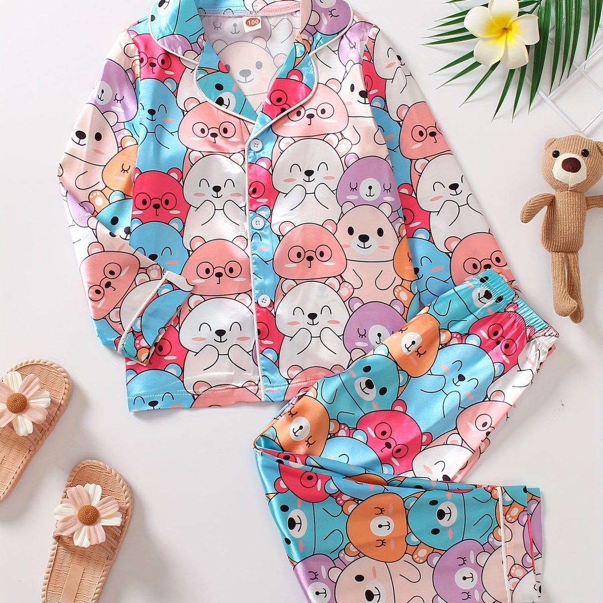 Kids 2pcs Bear Print Pajamas Button Front Long Sleeve Top & Pants Set