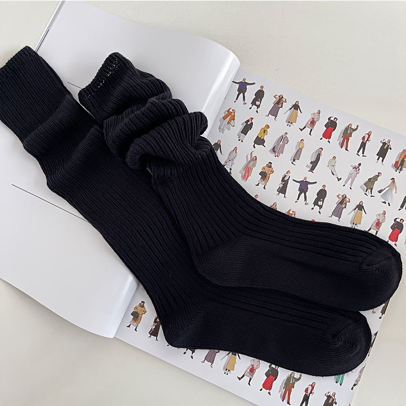 Solid Knitted Calf Socks Knee High Women's Stockings & Hosiery