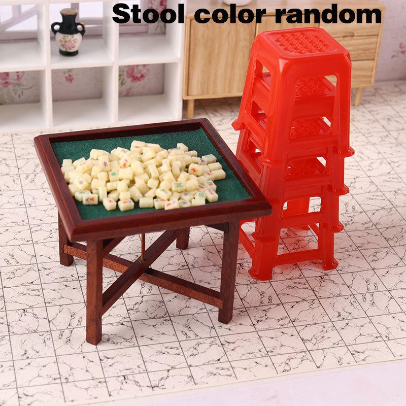 Mini Mahjong Set with Table and Stools for Dollhouses