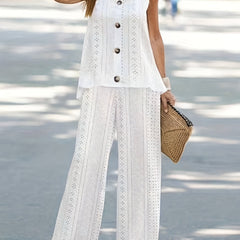 Casual Eyelet Tank Top & Wide Leg Pants Set Women's Outfit
