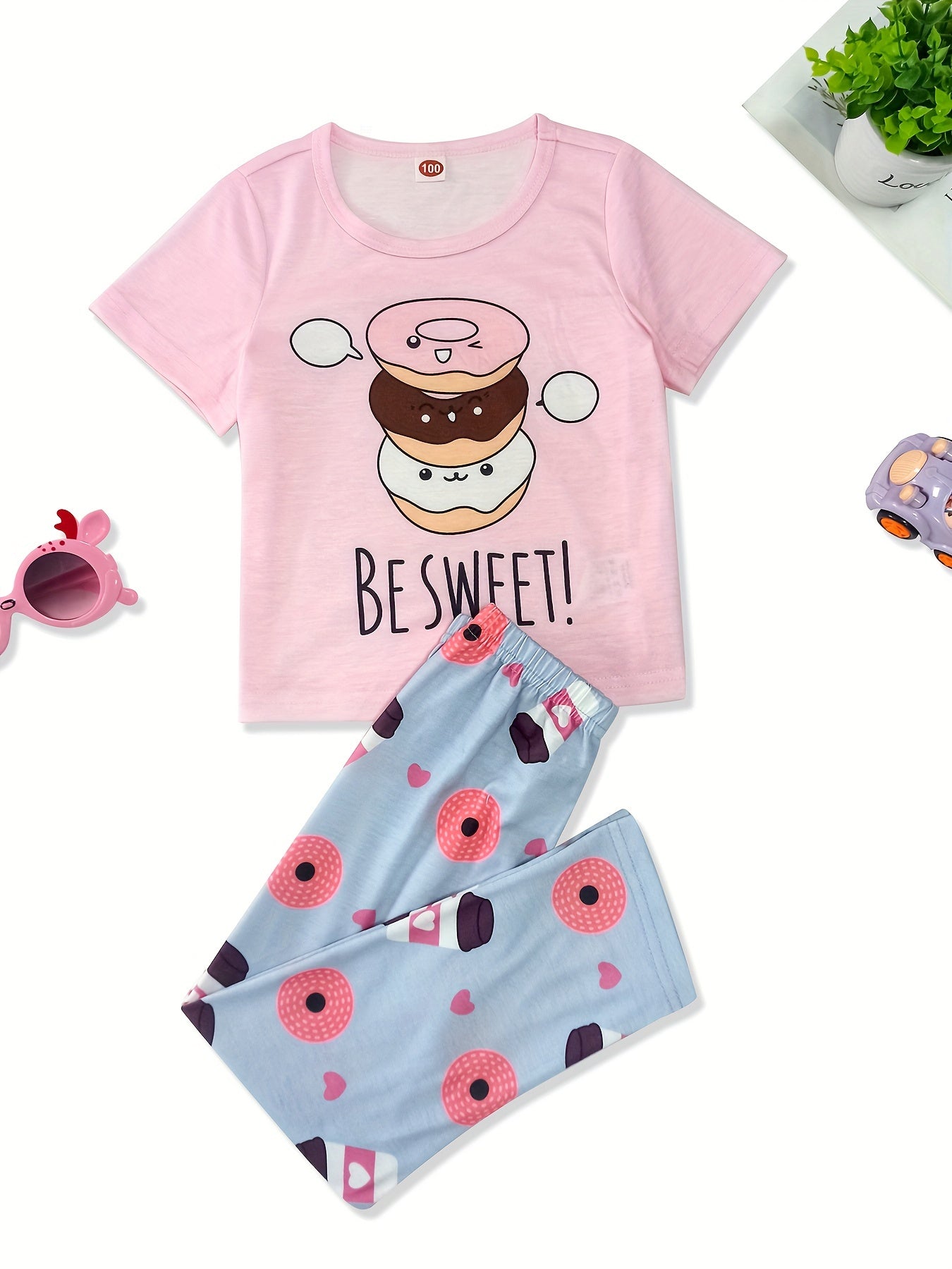 Toddler Girls Pajamas Set Cartoon Print Short Sleeve Top & Matching Pants