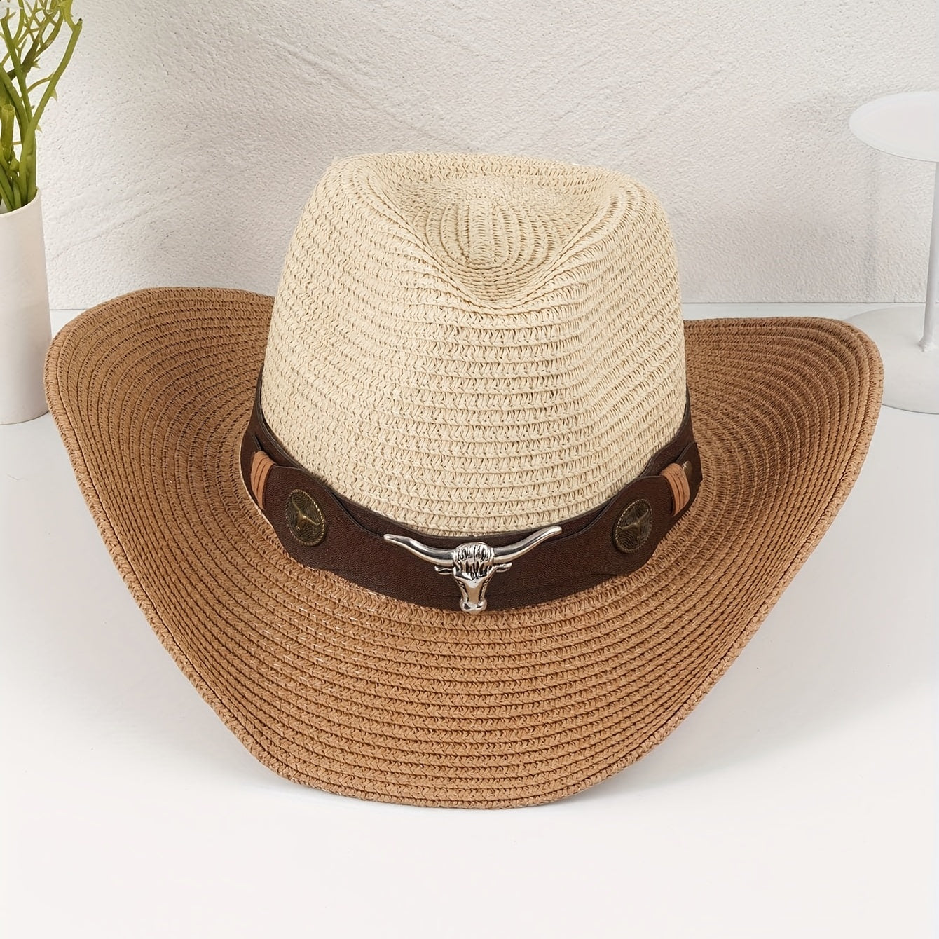 Vintage Bull Head Belt Cowboy Hat Straw Jazz Hat for Women & Men