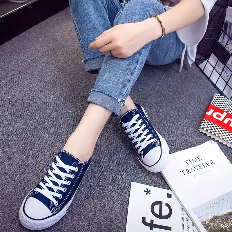 Women's Canvas Lace Up Flat Sneakers Round Toe Casual Walking Shoes