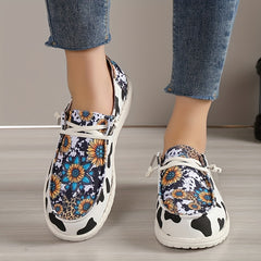 Women's Sunflower Canvas Shoes Round Toe Cow Print Loafers
