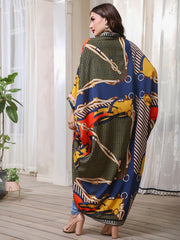  Geometric Print Bat Sleeve V Neck Maxi Dress