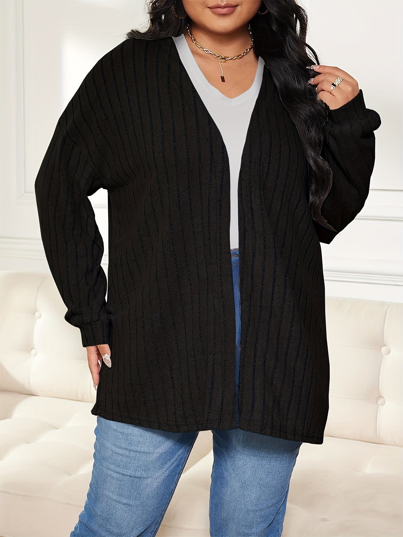  Solid Ribbed Long Sleeve Open Front Cardigan