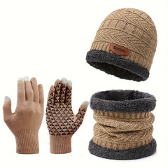 Winter Knit Hat Scarf Gloves Set Fleece Lining Warm Beanie Touch Screen Gloves