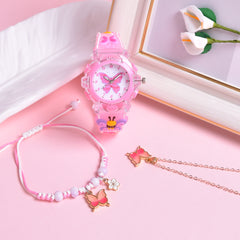 3pcs Girls Butterfly Suit Set: Watch, Necklace, Non-Rechargeable But