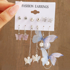 6 Pairs Butterfly Pearl Earrings Set