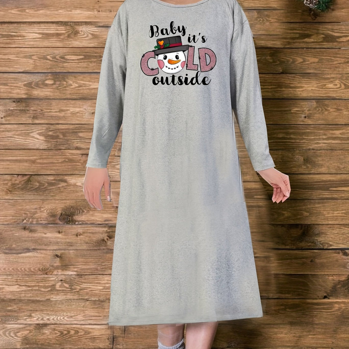  Christmas Loungewear Dress Snowman Print Tee Nightdress