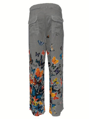 Men's Butterfly Pattern Straight Leg Pants Elastic Waist Beach Trousers