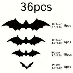 36pcs Halloween 3D Bat Decoration Stickers Waterproof Spooky Bats Room Decor