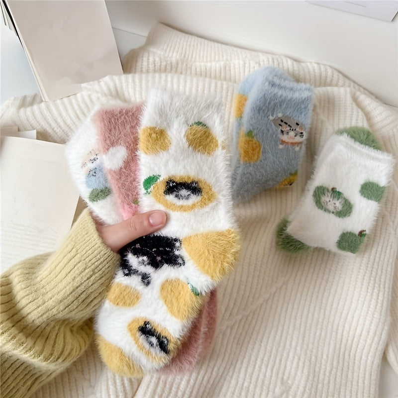 5 Pairs Cat Print Socks Warm Cozy Women's Stockings