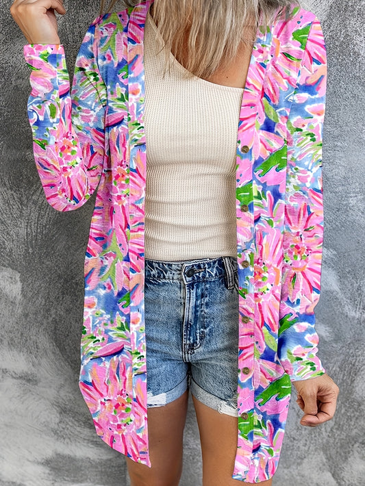  Solid Round Neck Button Up Cardigan