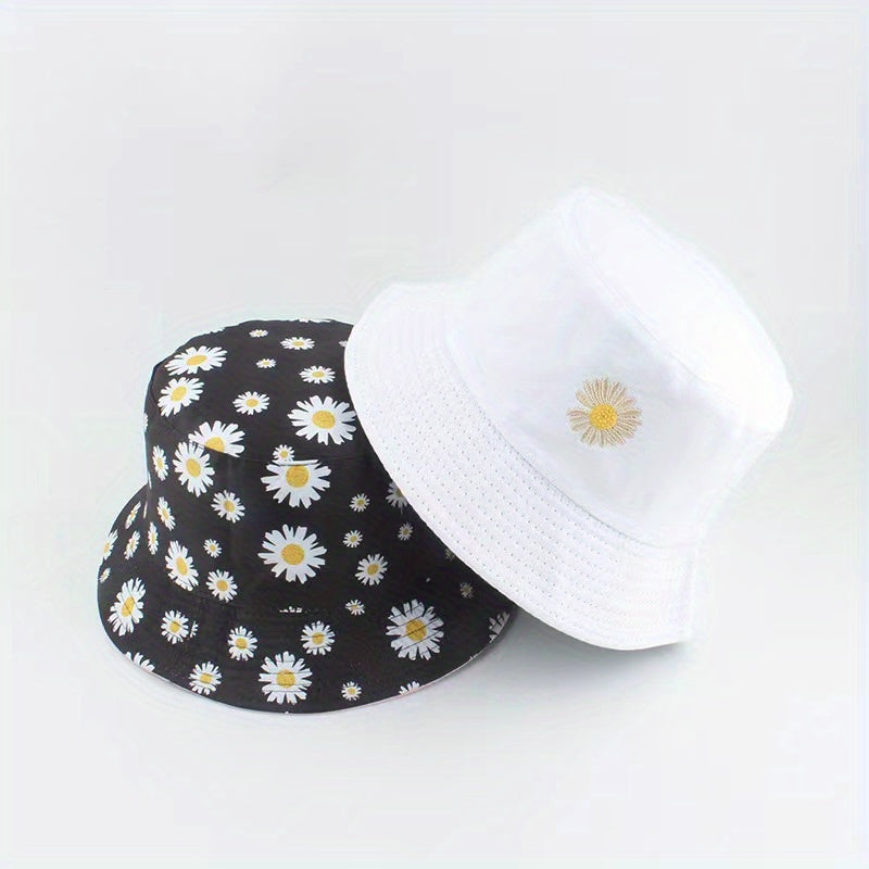 Reversible Daisy Embroidery Bucket Hat Solid Basin Hat Lightweight