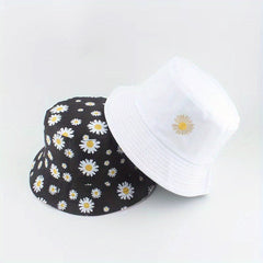 Reversible Daisy Embroidery Bucket Hat Solid Basin Hat Lightweight