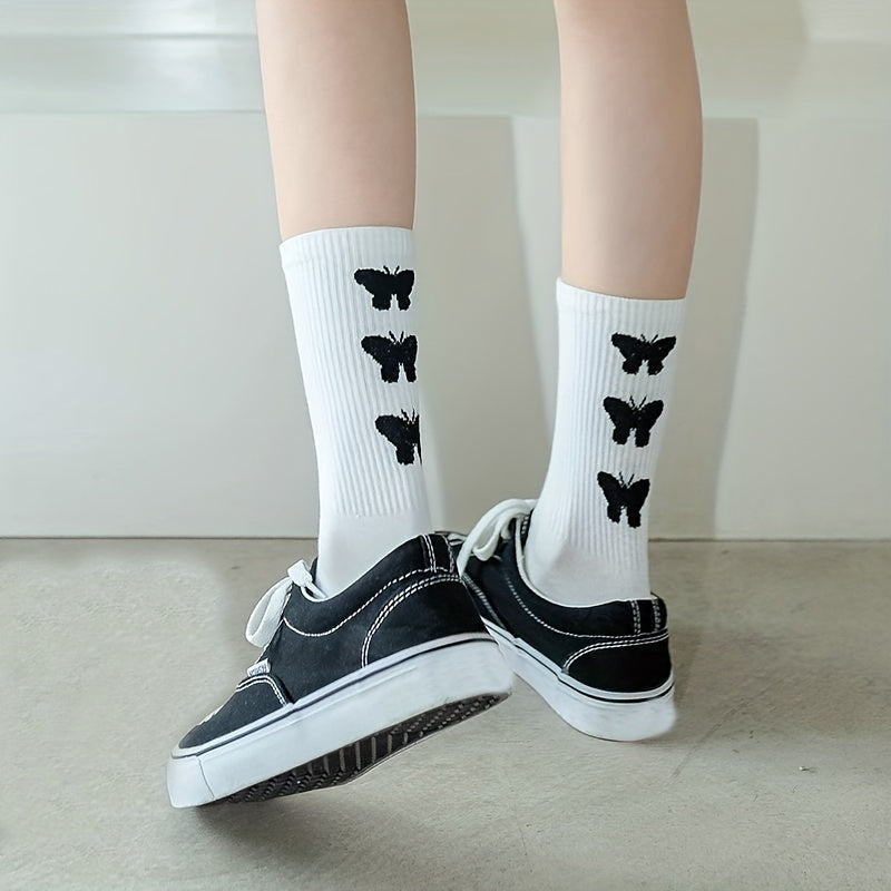 6 Pairs Butterfly Print Mid Tube Socks Women's Stockings