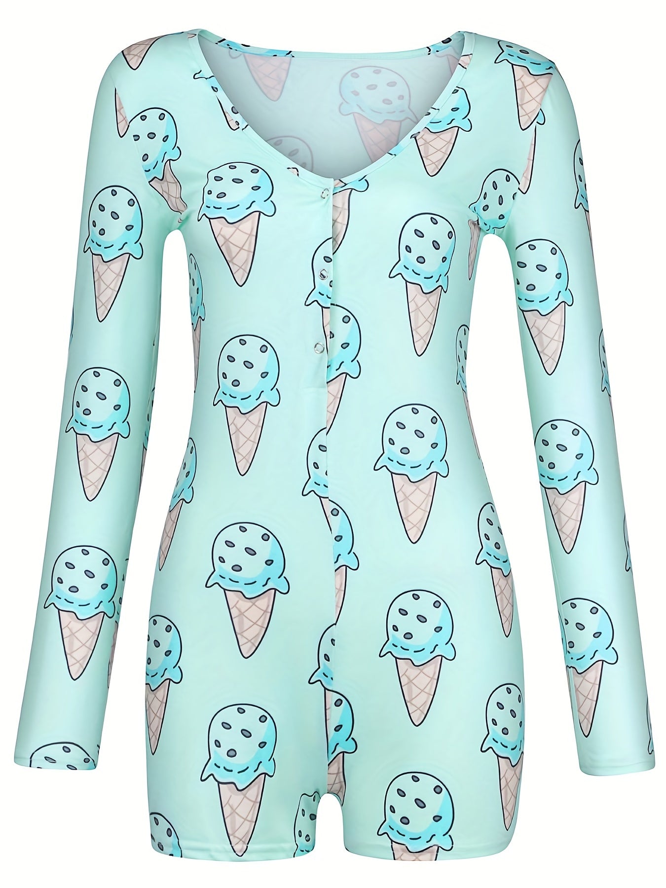 Ice Cream Print Romper Jumpsuit Long Sleeve Sexy Women's Clothing
