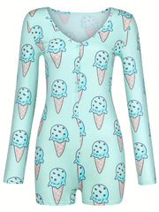 Ice Cream Print Romper Jumpsuit Long Sleeve Sexy Women's Clothing