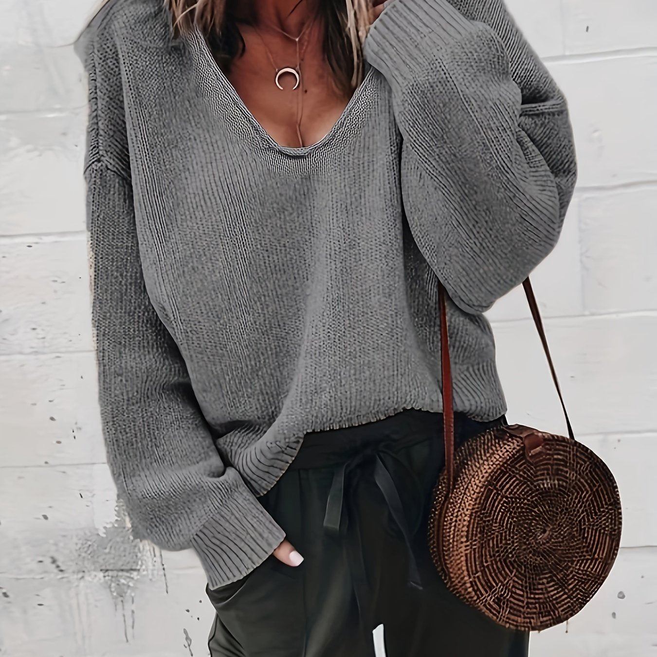  Solid Long Sleeve V Neck High Stretch Jumper